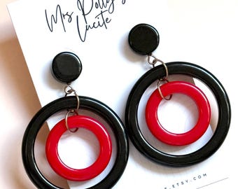 Red Black Hoop Earrings, Bakelite Style Fakelite Resin, Vintage Inspired 1940s 1950s Jewelry