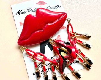 Burlesque kiss Lips Brooch with Red Lipstick Pendants, Bakelite jewelry inspired,Resin brooch,1940s 1950s style by Mrs Polly's Lucite