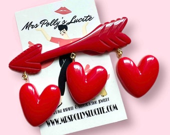 Vintage Inspired Victorian Arrow Brooch with Hearts Pendant, bakelite jewelry inspired,Resin, Valentine's Day style by Mrs Polly's Lucite