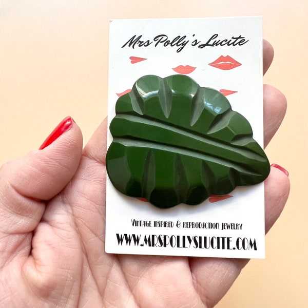 Green Leaf brooch pin resin, vintage bakelite inspired Rockabilly 1940s 1950s style by Mrs Polly's Lucite