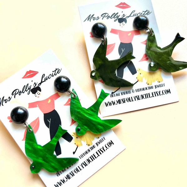 Retro bakelite jewelry inspired Earrings with Cute Green Swallows, Deco 1940s 1950s inspired, Fakelite by Mrs Polly's Lucite