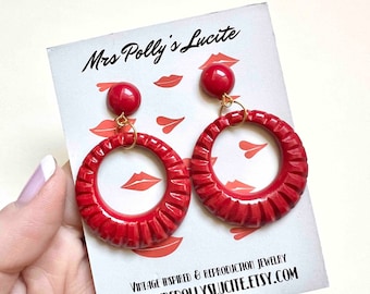 Red Twist Resin Hoop Earrings,Bakelite earrings inspired, Vintage reproduction, 1940s 1950s 1960s Marilyn Monroe style by Mrs Polly's Lucite