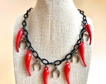 Lucky Pepper Necklace with Chili Peppers and Horseshoes pendant, Vintage bakelite jewelry inspired,1950s Style by Mrs Polly's Lucite