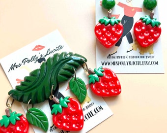 Retro Inspired Bakelite Brooch - Green Leaf and Strawberry with optional matching earrings, 1940s 1950s inspired by Mrs Polly's Lucite