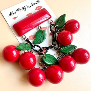 Cherry Brooch, 1940s Bakelite Vintage Inspired Fakelite Pin, Retro, Red Dangle Brooch – Rockabilly pin-up style by Mrs Polly&#39;s Lucite