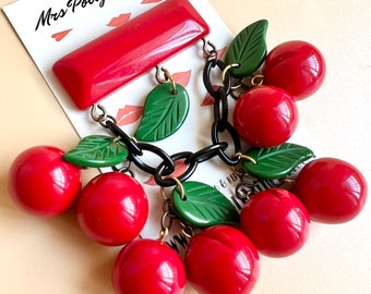 Rosie – Bakelite Style Cherry Dangle Brooch, Rockabilly Cherry Pin, 1940s Fakelite Jewelry