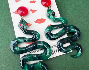 Snake Acetate Resin Earrings - Bakelite jewelry inspired,Fantastic Snake Design with Red Dome Base - Hypnotic style by Mrs Polly's Lucite