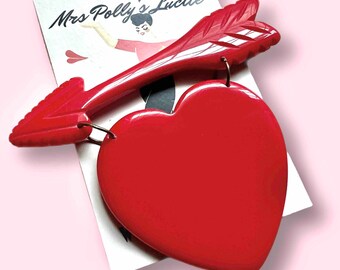 Vintage Inspired Heart Brooch pendant from a Red Victorian Arrow, bakelite jewelry repro, Valentine's Day Style by Mrs Polly's Lucite