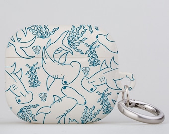 Hammerhead Shark Coral Reef AirPod AirPod Pro Keychain Case Cover | Ocean Sea Animal Plant | Apple AirPods Generation 1 2 3 Pro | Beige Blue