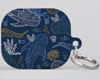Whale Shark Coral Reef AirPods Case: Hand-Designed Protective Cover; Navy