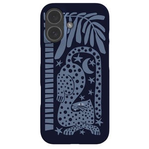 May include: Dark blue phone case with a leopard illustration, a crescent moon, stars, and palm leaves. The leopard has a spotted pattern. The case has a dark blue background and a dual-camera cutout.