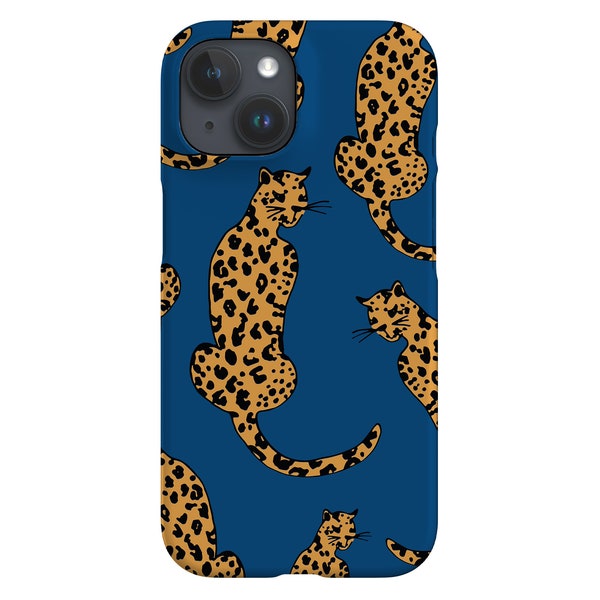 Leopard Phone Case - Cover for iPhone 13 12 11 XS XR SE 8 7 Max Mini - Samsung Galaxy S21 - Google Pixel 5 - Aesthetic Animal Cats - Blue