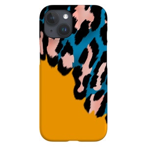 May include: A smartphone case featuring a vibrant leopard print design. The case has a mustard yellow base with a section of blue, black, and pink leopard spots. The case is designed to fit a smartphone and has a camera cutout.
