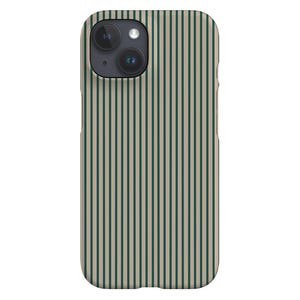 May include: A smartphone case with a vertical striped pattern. The case features a repeating design of thin, dark green stripes against a light beige background. The phone case has a camera module with three lenses.
