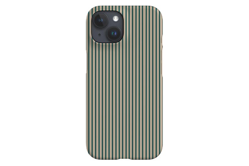 May include: A smartphone case with a vertical striped pattern. The case features a repeating design of thin, dark green stripes against a light beige background. The phone case has a camera module with three lenses.