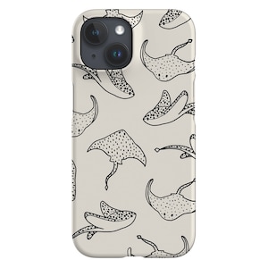 May include: A white iPhone case featuring a black and white pattern of manta rays. The case has a camera cutout and a black border.