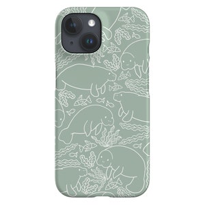May include: A green iPhone case featuring a white outline design of manatees and seaweed. The case has a camera cutout and a white outline of a manatee.