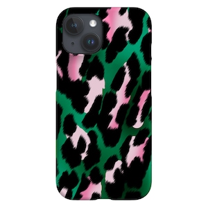 May include: A smartphone case with a vibrant leopard print design. The case features a pattern of black spots on a green background, with pink accents. The case is designed to fit a smartphone and protect it from damage.
