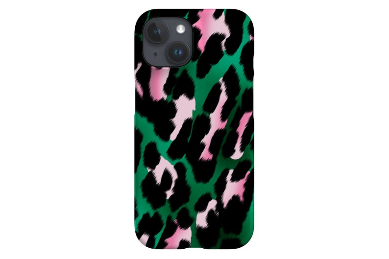 May include: A smartphone case with a vibrant leopard print design. The case features a pattern of black spots on a green background, with pink accents. The case is designed to fit a smartphone and protect it from damage.