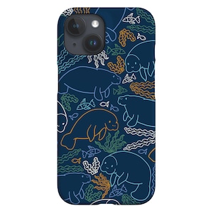 Funda para teléfono con diseño de manatí y arrecife de coral / Linda vaca marina / Funda para iPhone 16, 15, 14, 13, 12 SE Max Pro - Samsung Galaxy S24 - Google Pixel 8 / Azul marino