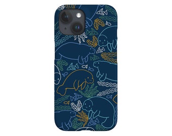 May include: A blue phone case with a white outline of manatees, seaweed, and fish. The case has a camera cutout and a dark blue background.