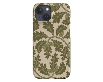 May include: A phone case featuring a repeating pattern of olive green oak leaves and acorns on a beige background. The design covers the entire case, creating a nature-inspired aesthetic.