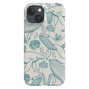 May include: A white iPhone case with a blue outline pattern of whales and coral. The case has a camera cutout and a white background.