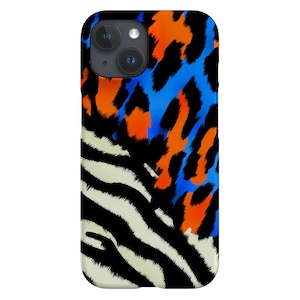 Puede incluir: Una funda para smartphone con un diseño abstracto y vibrante. La funda presenta una combinación de patrones, incluyendo rayas de cebra en blanco y negro, y un estampado de leopardo en naranja y azul. La funda está diseñada para un smartphone.