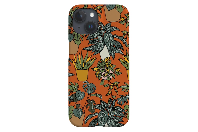 K&ouml;nnte beinhalten: Eine orangefarbene iPhone-H&uuml;lle mit einem Muster aus Topfpflanzen in verschiedenen Gr&uuml;nt&ouml;nen, Gelb und Braun.