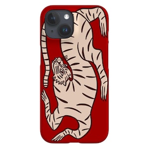 May include: Red phone case featuring a cream-colored tiger illustration with black stripes. The tiger is depicted in a stylized, upward-facing pose. The case has a glossy finish and is designed for a smartphone.