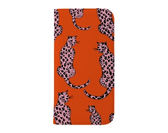 Leopard Wallet Phone Case - Cover for iPhone 13 12 11 XS XR SE 8 Max Mini - Samsung Galaxy S21 - Folio Flip - Aesthetic Animal Cats - Orange