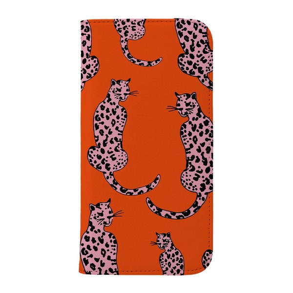 Étui portefeuille léopard - Étui pour iPhone 13 12 11 XS XR SE 8 Max Mini - Samsung Galaxy S21 - Rabat à rabat - Animaux chats esthétiques - Orange