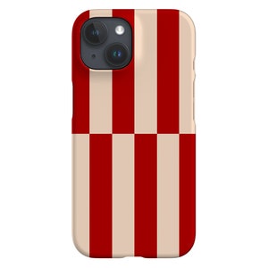 Puede incluir: Una funda de teléfono para un iPhone con rayas rojas y beige.