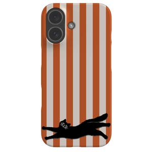 May include: A phone case with a vertical striped pattern in orange and white. A black cat silhouette is featured at the bottom, stretched out as if running. The case has a camera module at the top.