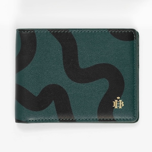 Cartera de cuero Abstract Swirl Lines / Regalo de diseñador de lujo para ella y él / Cartera bifold de cuero suave genuino premium / Verde oscuro