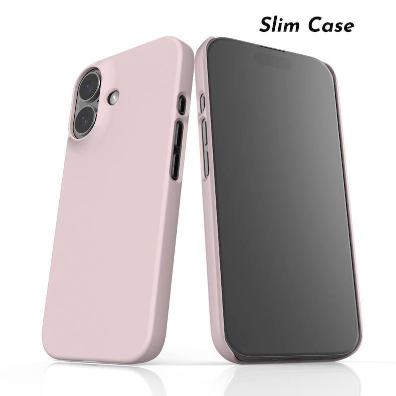 May include: A light pink slim case for a smartphone, shown from both the back and front angles. The back view displays a dual-camera cutout and a flash, while the front view shows the phone screen. The text Slim Case is visible at the top right.