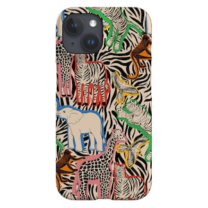 Coque pour portable dessin au trait animal de la jungle | Tigre zèbre | Coque pour iPhone 16 15 14 13 12 SE Max Pro - Samsung Galaxy S24 - Google Pixel 8 | Multicolore