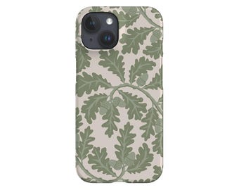 May include: A smartphone case featuring a repeating pattern of green oak leaves and acorns on a light beige background. The case has a glossy finish and a camera cutout.