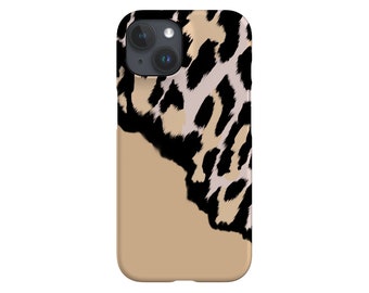 May include: A smartphone case with a tan base and a leopard print design in black, tan, and cream. The case has a camera cutout and a smooth finish.