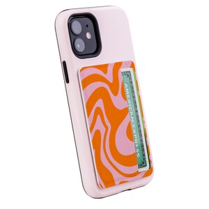 Abstract Wave Unique Phone Card Holder Wallet Aesthetic Y2K Swirl Vegan Sustainable Eco Paper Leather Credit Card Holder Pink Orange Landscape - 2 Cards