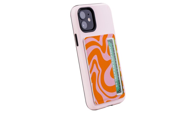 Abstract Wave Unique Phone Card Holder Wallet Aesthetic Y2K Swirl Vegan Sustainable Eco Paper Leather Credit Card Holder Pink Orange Landscape - 2 Cards