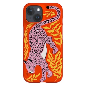 Étui pour portable léopard | Animal chat sauvage plante | Coque pour iPhone 16 15 14 13 12 11 SE Max Pro - Samsung Galaxy S24 - Google Pixel 8 | Orange