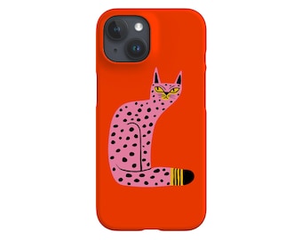 Bold Graphic Pink Cat Phone Case: Abstract Dots, Orange Cover