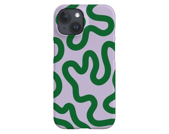 May include: A lavender phone case with a green abstract pattern. The case has a cutout for the camera lens.