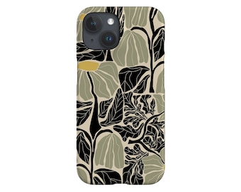 May include: A phone case featuring a floral design. The background is beige with black and green stylised flowers.
