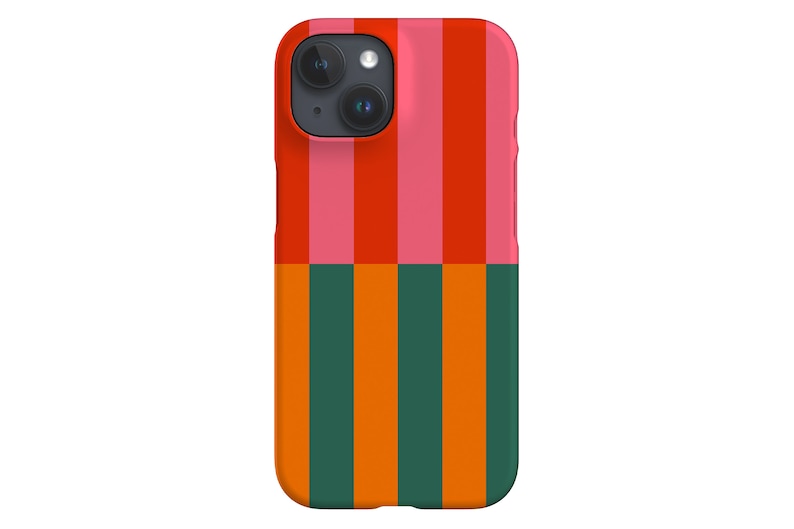 May include: A colorful phone case with a vertical striped pattern. The top half features stripes of red, pink, and orange, while the bottom half has green and orange stripes. The case is designed to fit a smartphone.