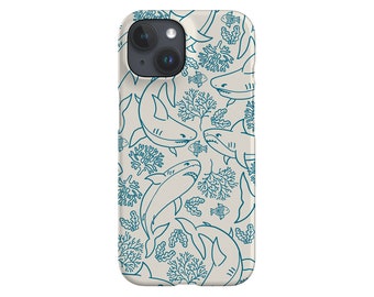 Shark Coral Reef Phone Case: Ocean Line Art; Beige Blue
