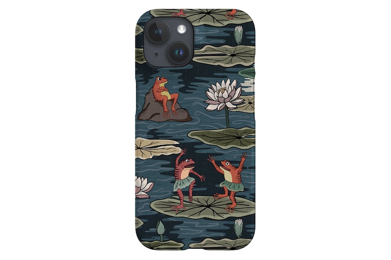 May include: A phone case with a blue background and a pattern of green lily pads, white flowers, and red frogs. The frogs are in various poses, including sitting, dancing, and jumping.