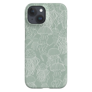 May include: A green phone case with a white outline of jellyfish on it.