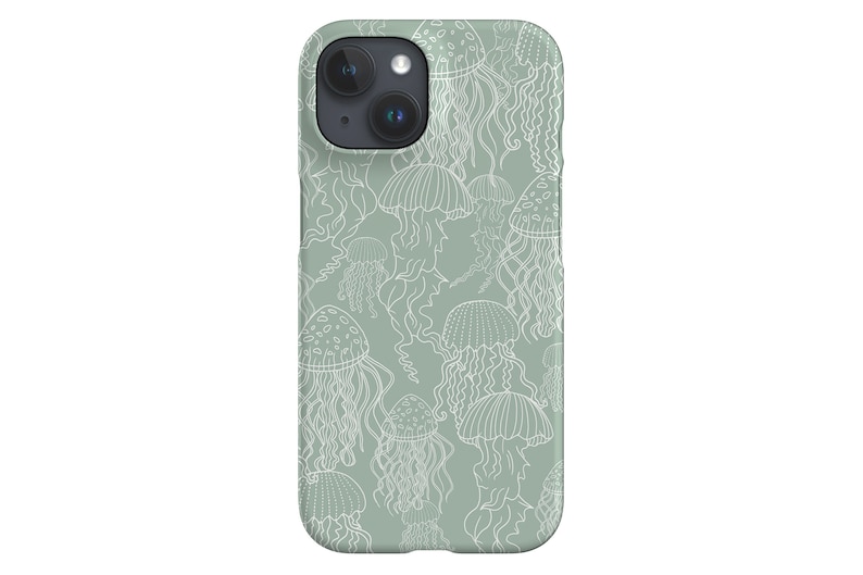 May include: A green phone case with a white outline of jellyfish on it.